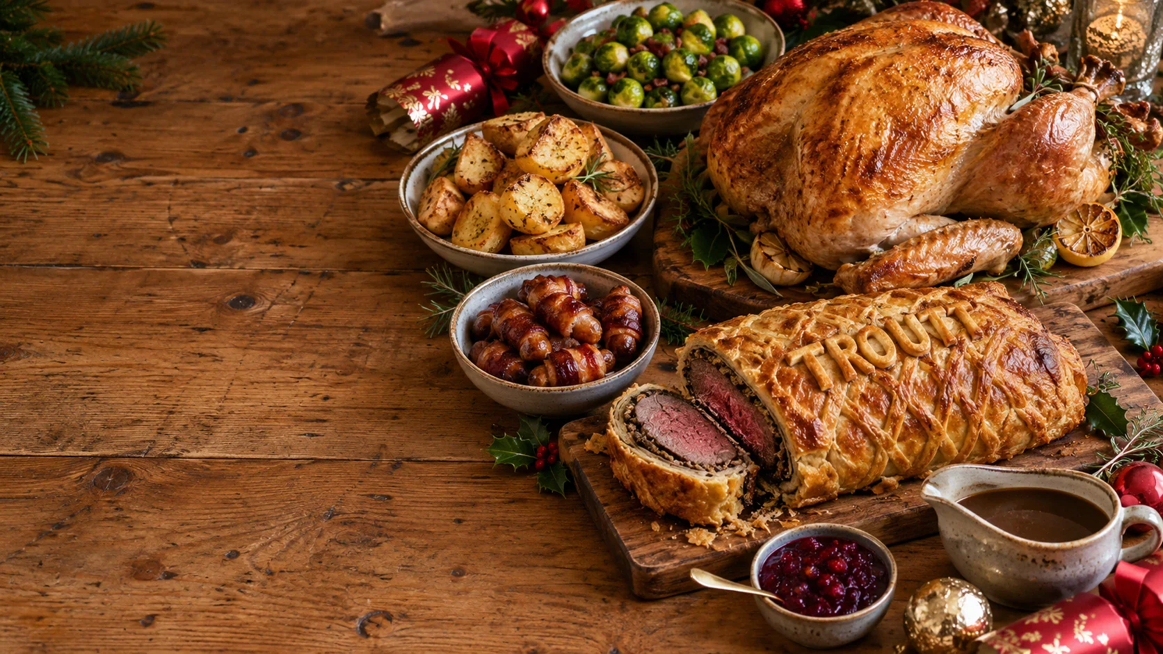 A Christmas dinner table with a roast turkey, a Beef Wellington with TROUTT in pastry, pigs in blankets, roast potatoes and sprouts